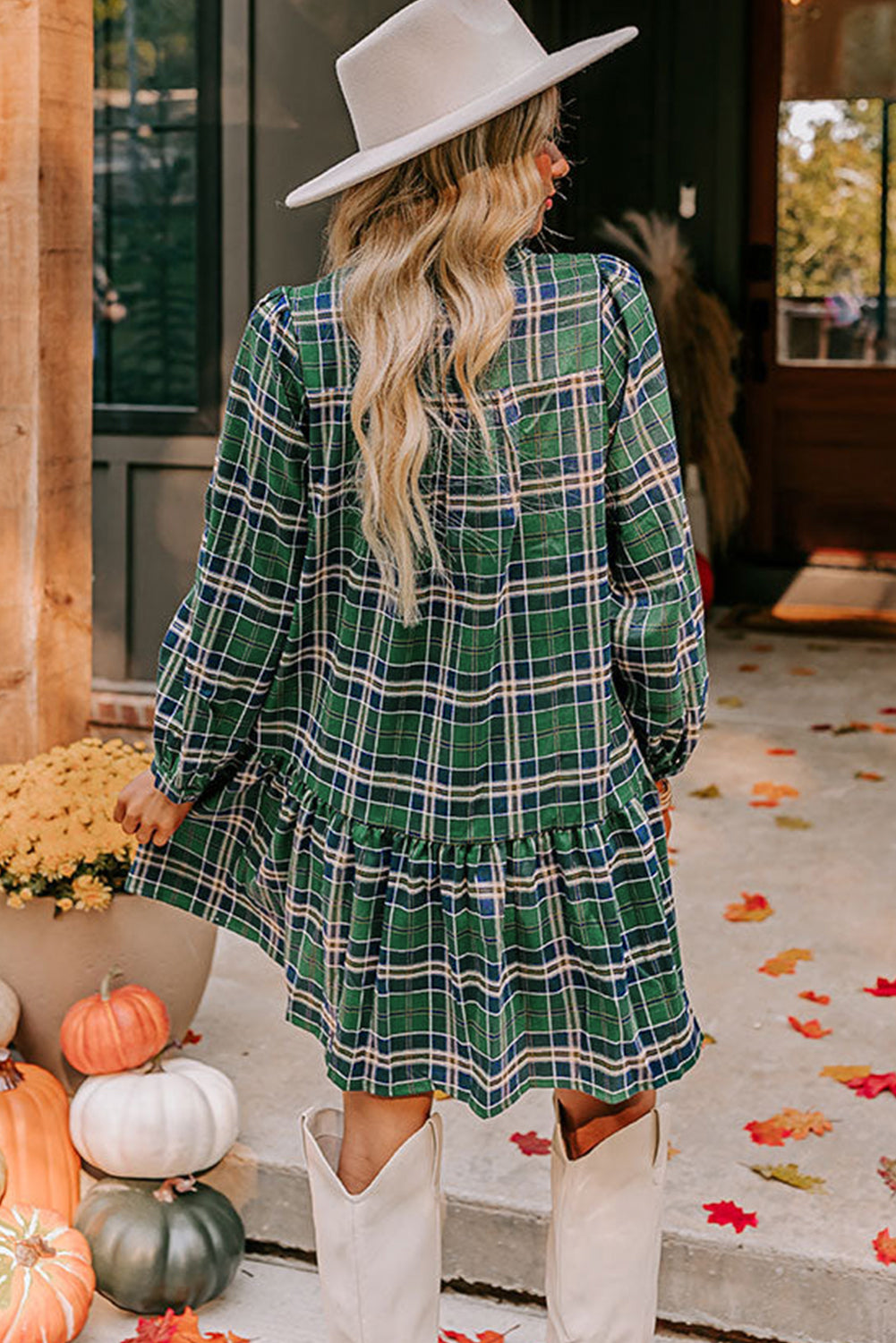 Green Plaid Print Frilly Collar Long Sleeve Shift Mini Dress