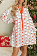 White Father Christmas Contrast Collar Button Front Long Sleeve A-line Mini Dress