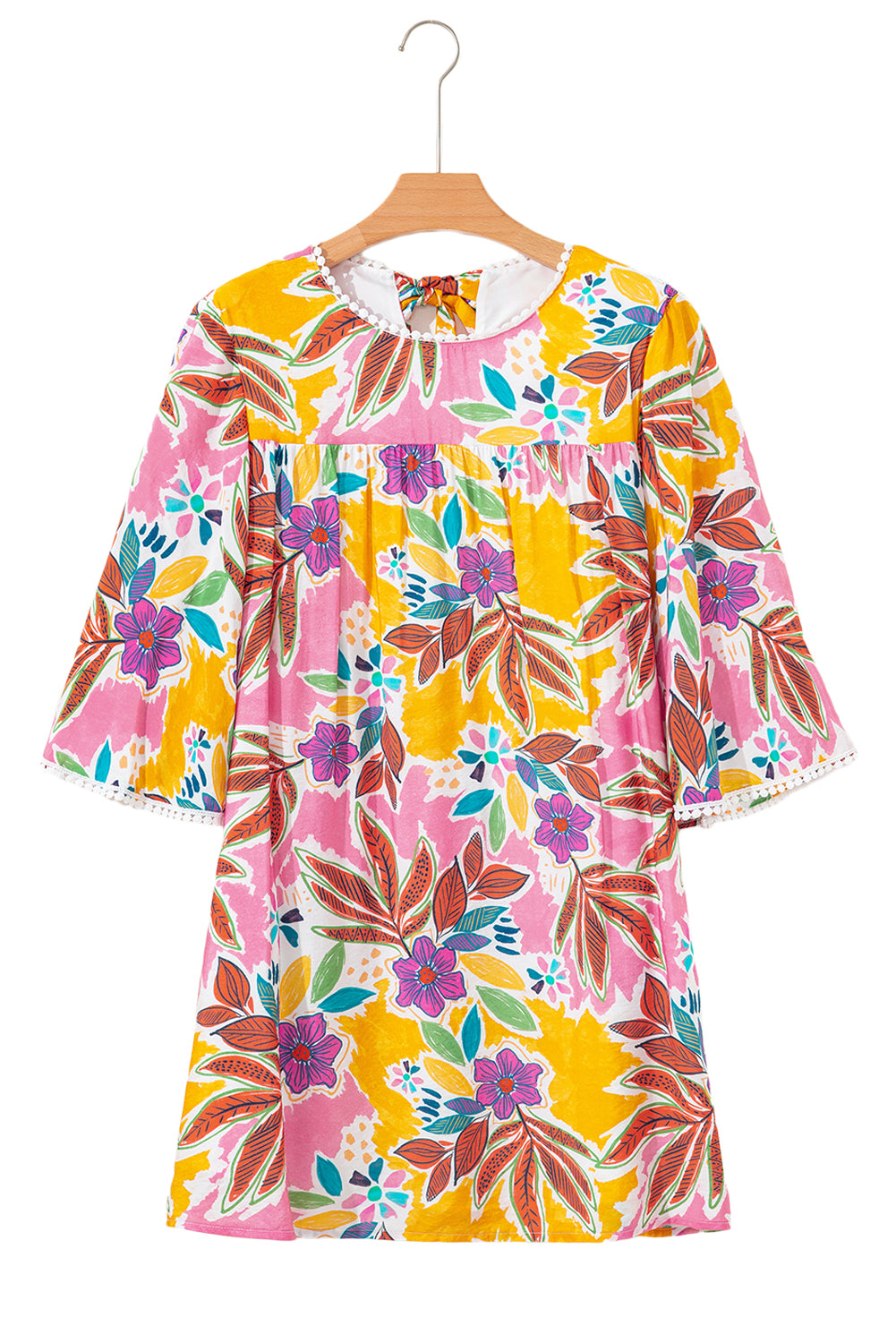 Pink Floral Print Lace Trimmed Tie Back Bell Sleeve Swing Mini Dress