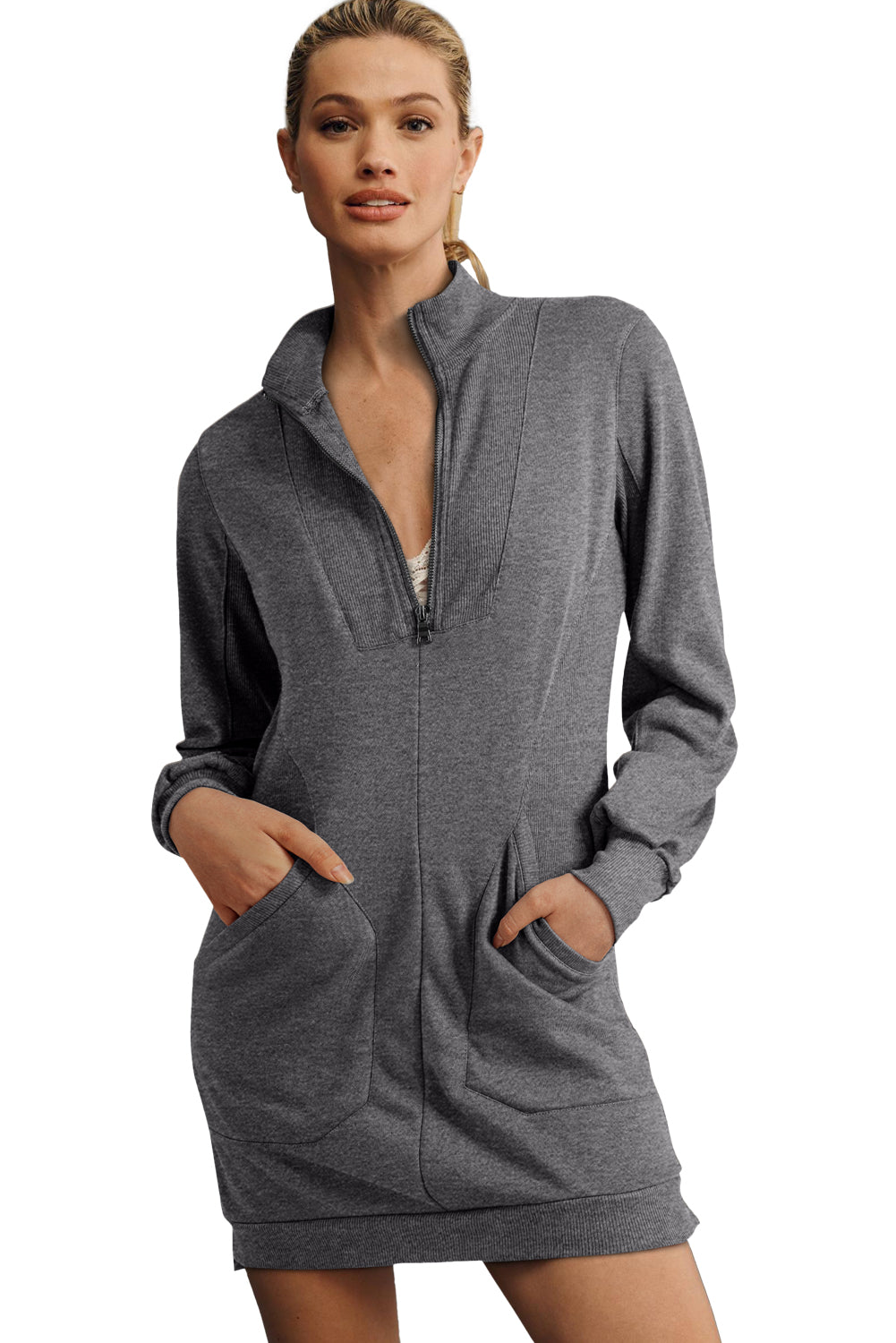 Dark Grey Zip up Collared Ribbed Patchwork Sweatshirt Dress with Pockets