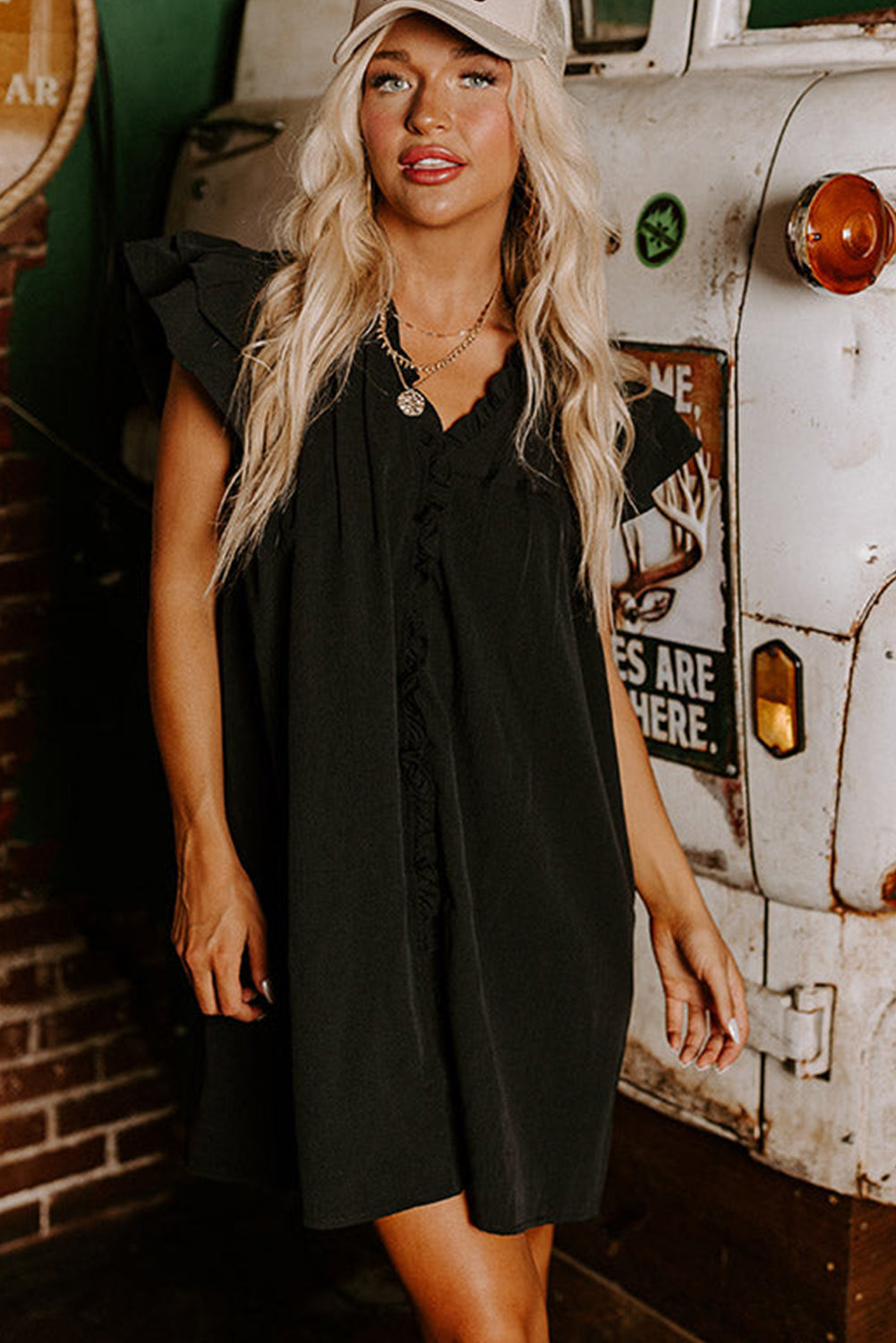 Black Frilled V Neck Pleated Ruffle Detail Short Shift Dress