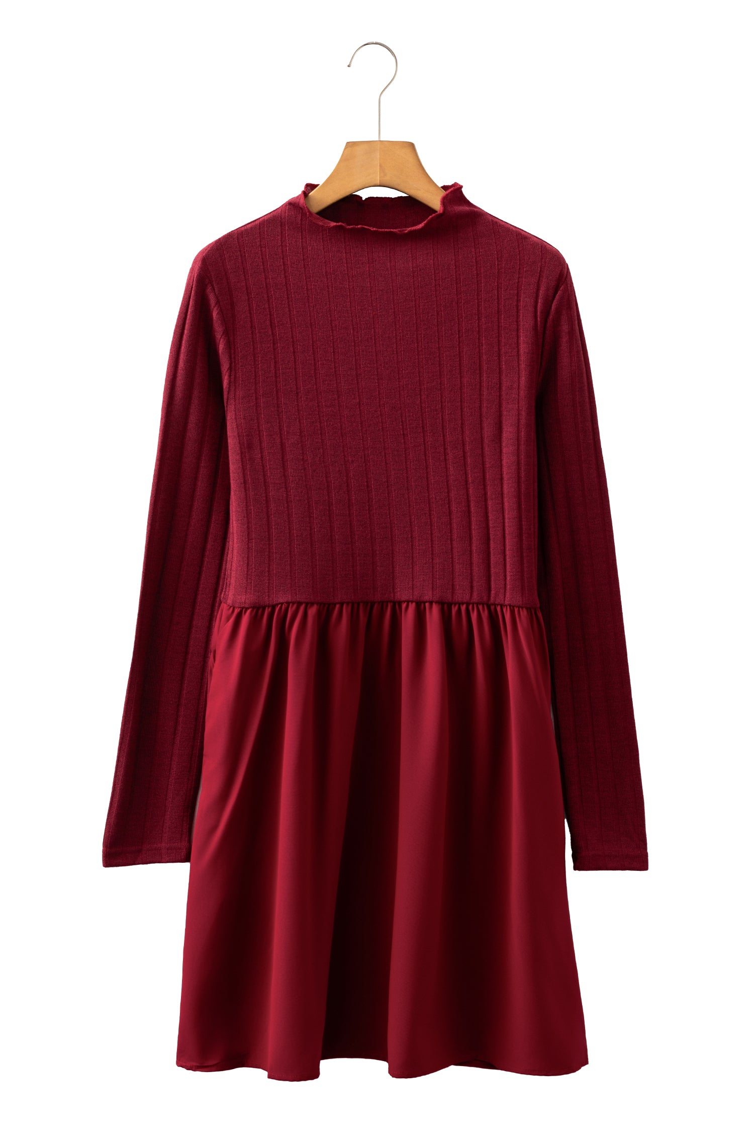 Red Dahlia Frilled Neck Ribbed Knit Patchwork Long Sleeve Mini Dress