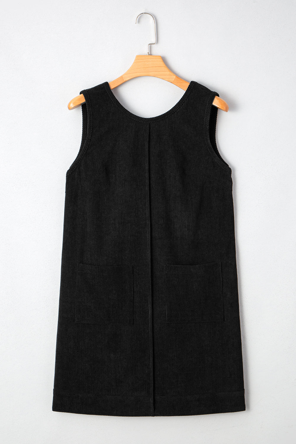 Black Corduroy Sleeveless Mini Dress With Patched Pockets