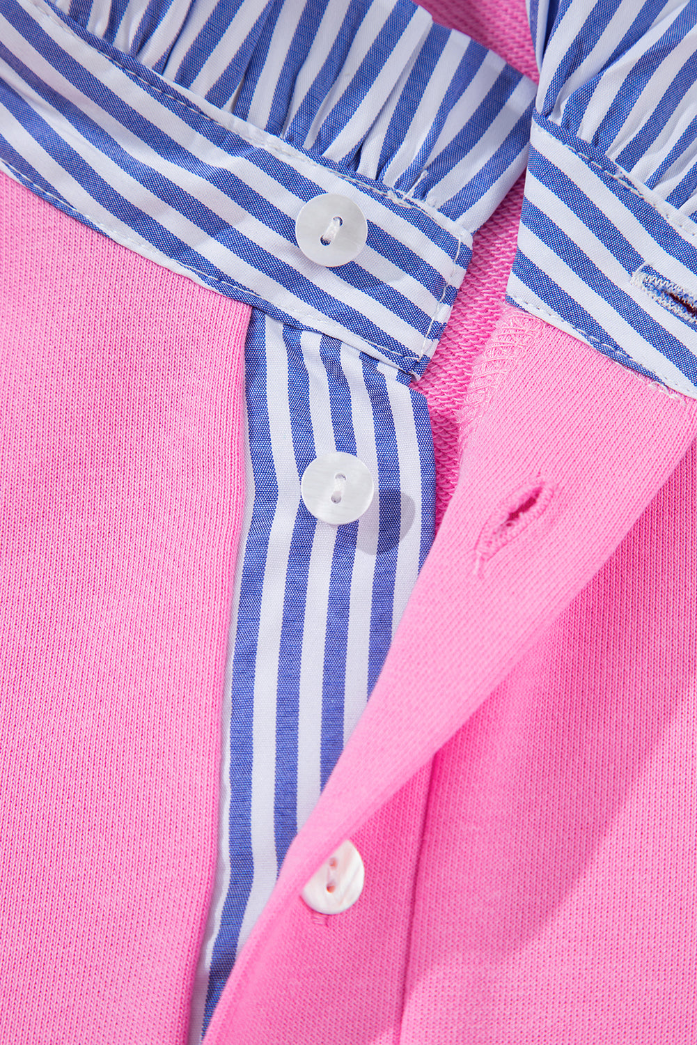 Pink Contrast Striped Collar Patchwork Puff Sleeve Ruffle Hem Mini Dress