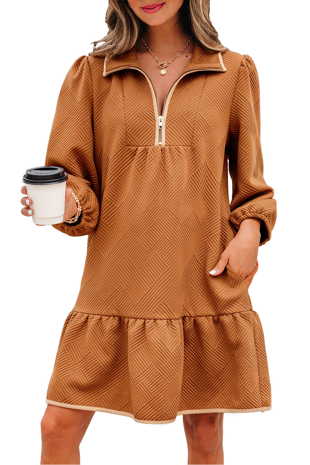 Desert Gold  Quarter Zip Collar Bracelet Sleeve Textured Mini Dress