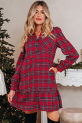 Red Plaid Shirt Collar Half Button Ruffle Hem Long Sleeve Mini Dress