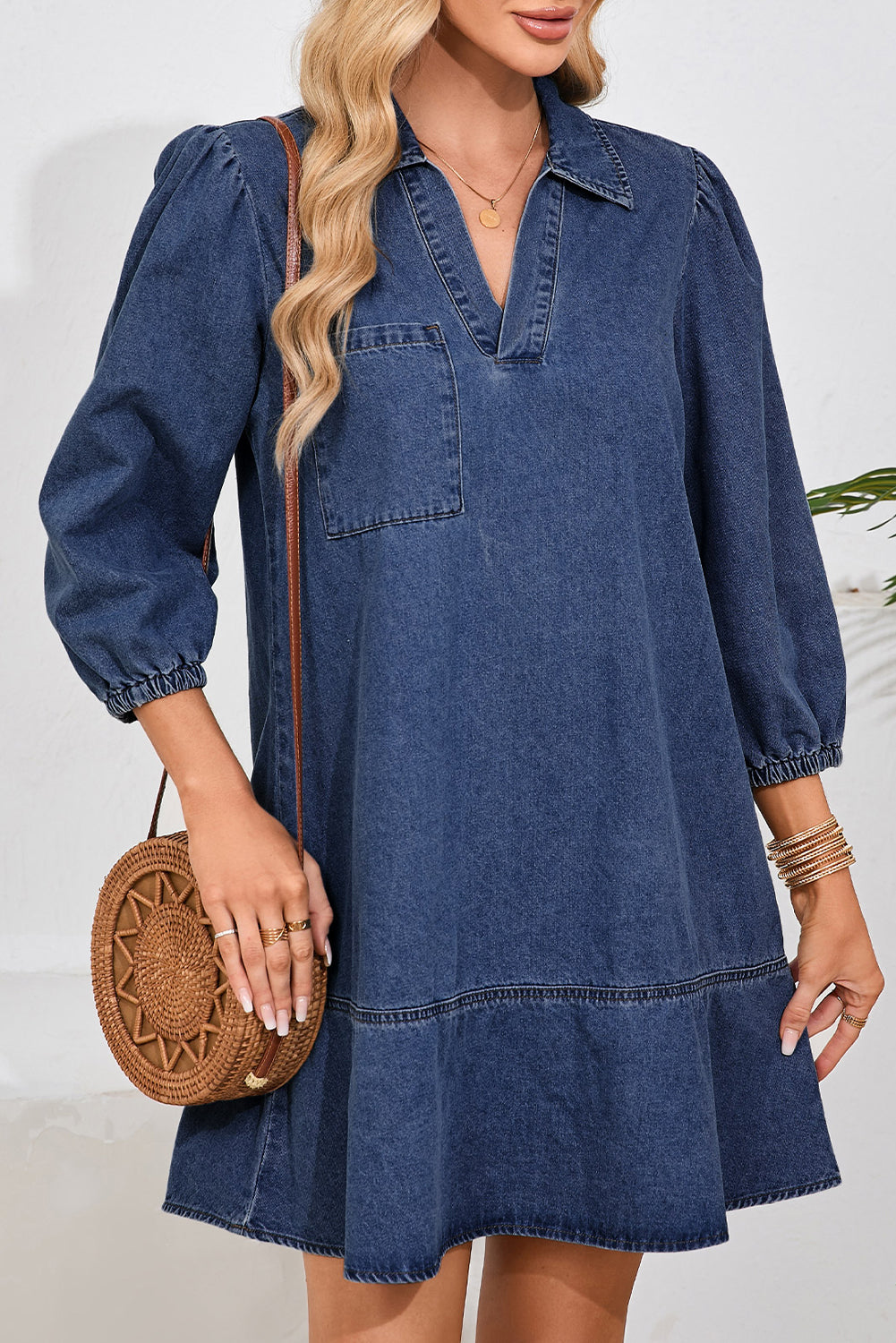Sail Blue V Neck Collared Single Chest Pocket Long Sleeve Denim Dress