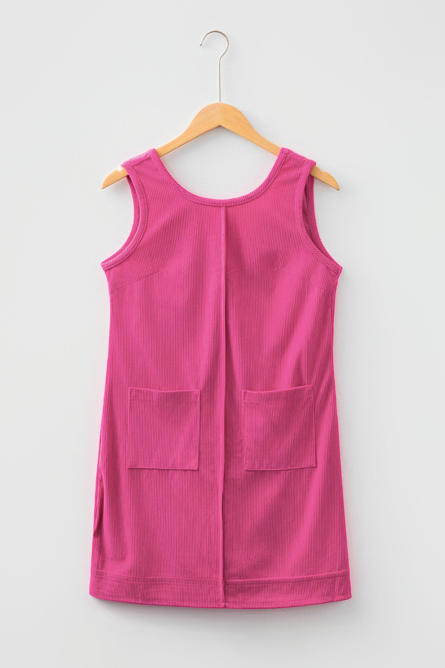 Rose Red Corduroy Sleeveless Mini Dress With Patched Pockets