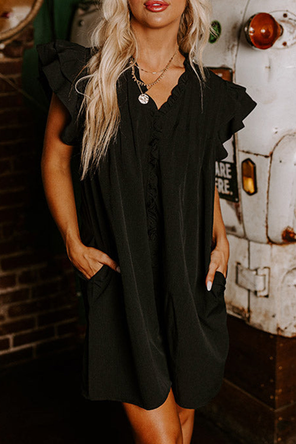 Black Frilled V Neck Pleated Ruffle Detail Short Shift Dress