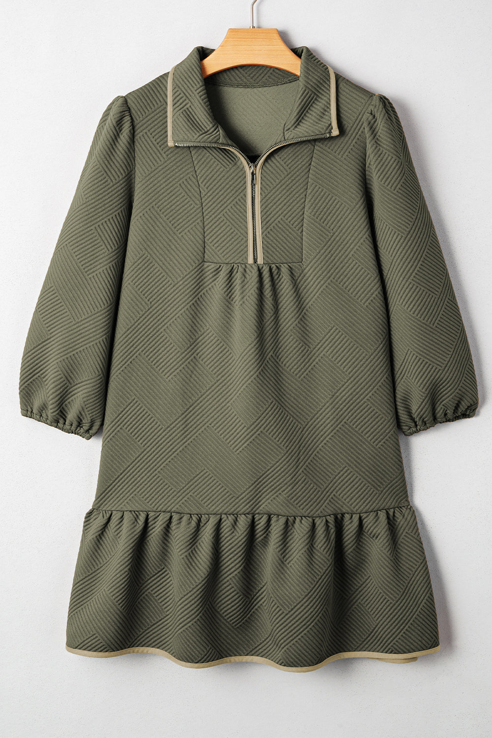 Jungle Green  Quarter Zip Collar Bracelet Sleeve Textured Mini Dress