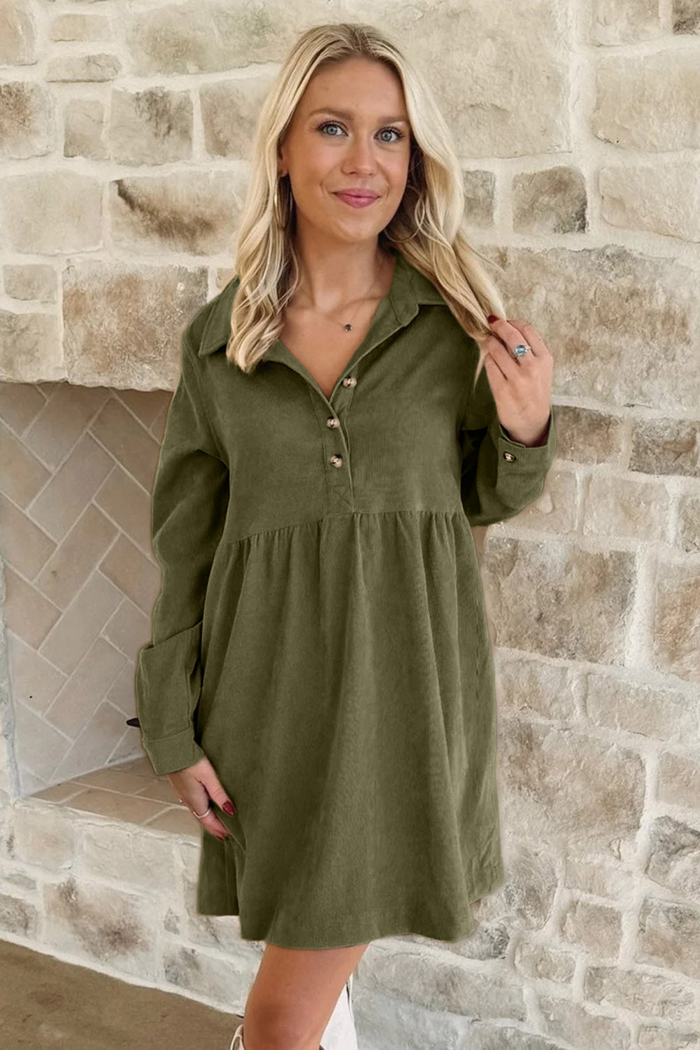Vineyard Green Corduroy Half Button Collared Long Sleeve Mini Dress