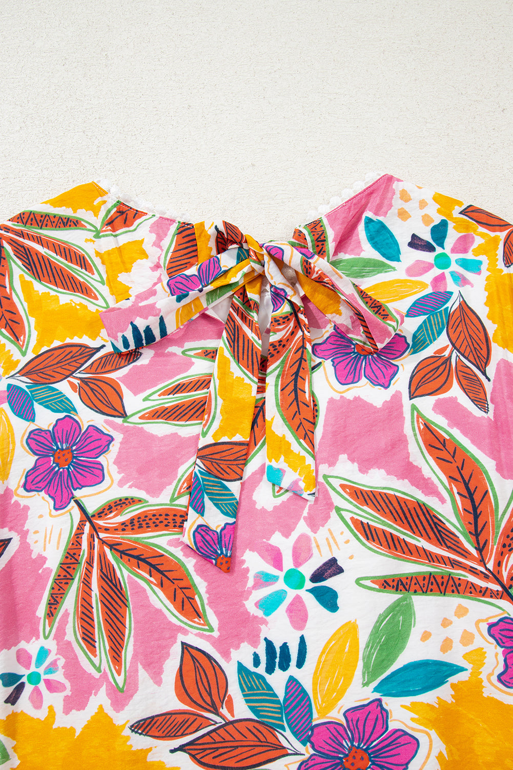 Pink Floral Print Lace Trimmed Tie Back Bell Sleeve Swing Mini Dress