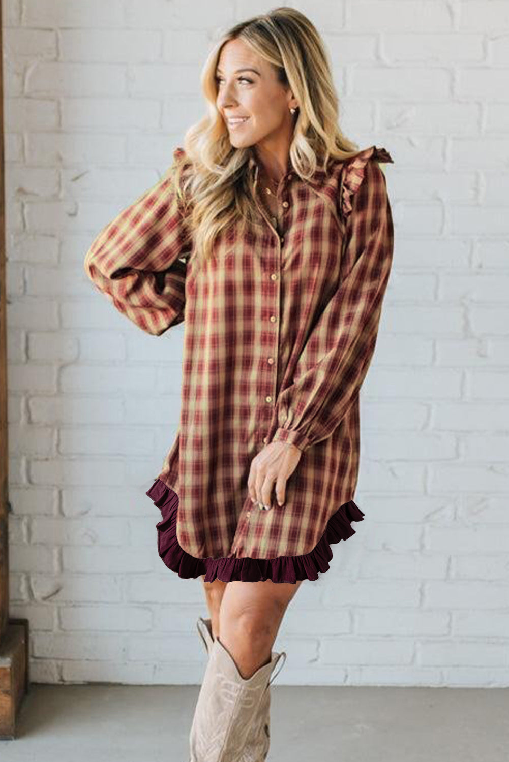 Red Plaid Print Ruffled Long Sleeve Patchwork Hem Mini Shirt Dress