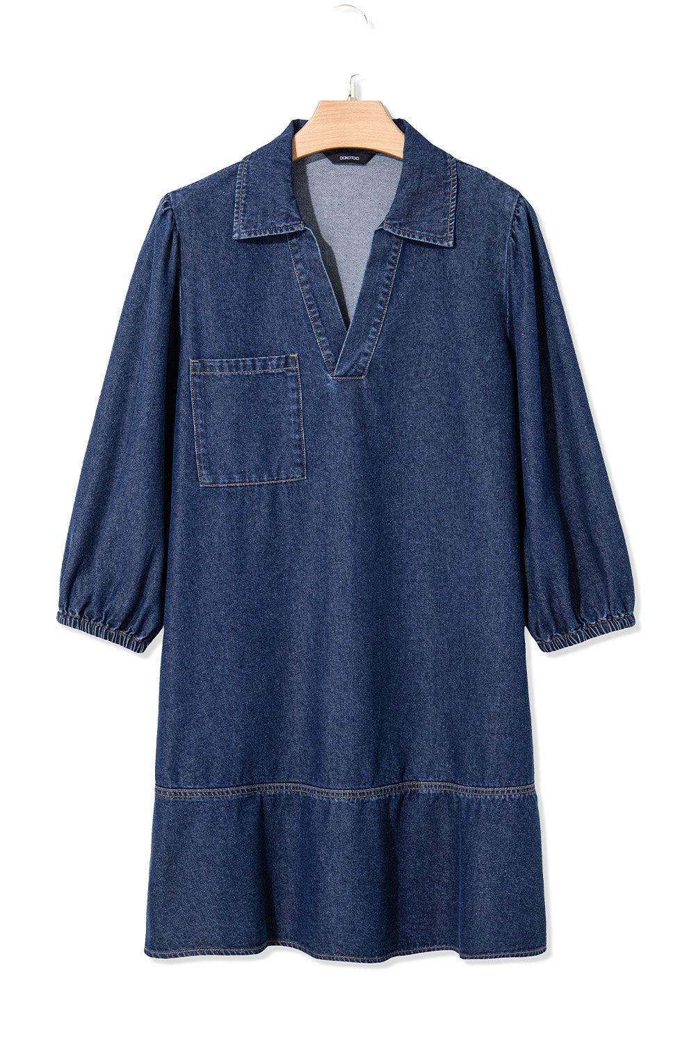Sail Blue V Neck Collared Single Chest Pocket Long Sleeve Denim Dress