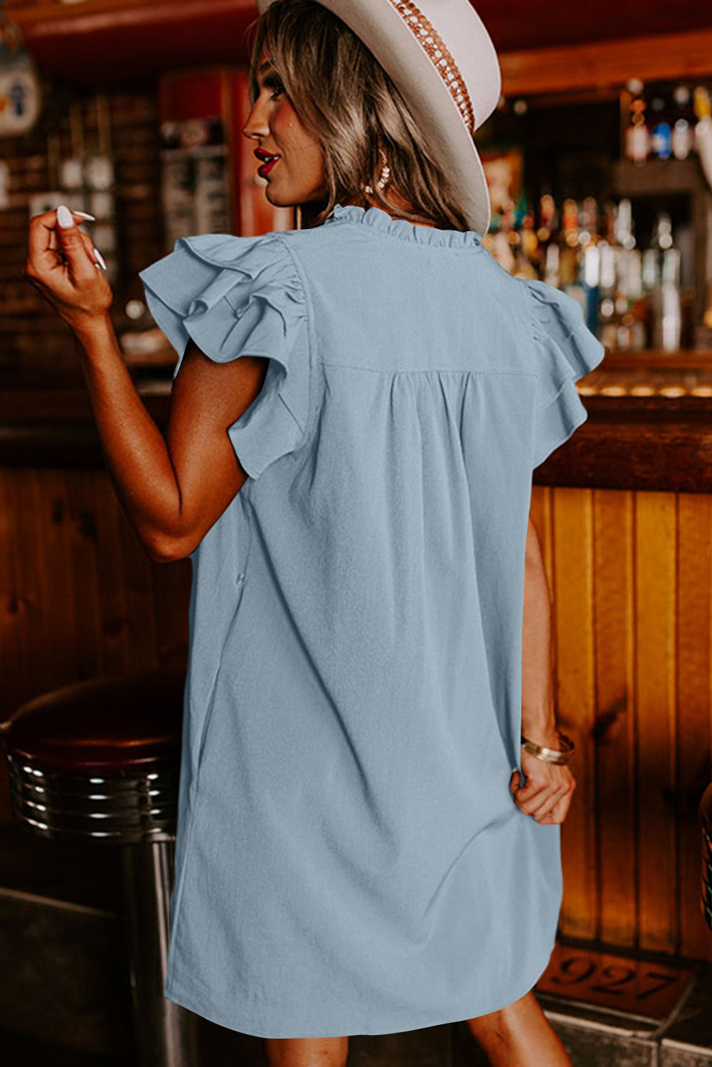 Beau Blue Frilled V Neck Pleated Ruffle Detail Short Shift Dress