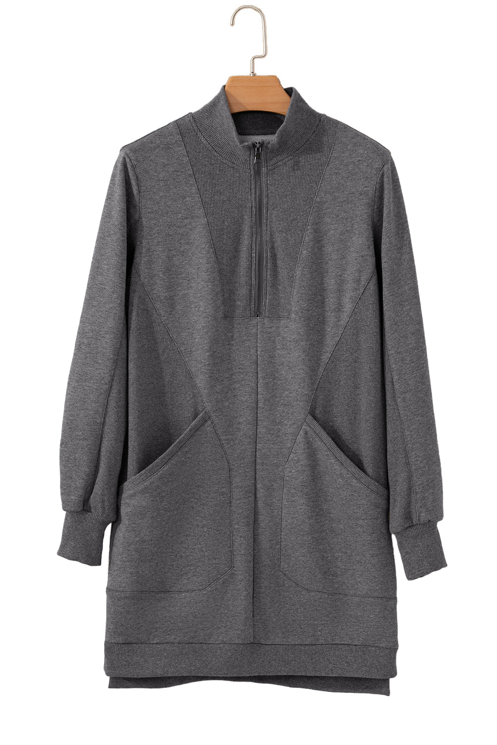 Dark Grey Zip up Collared Ribbed Patchwork Sweatshirt Dress with Pockets