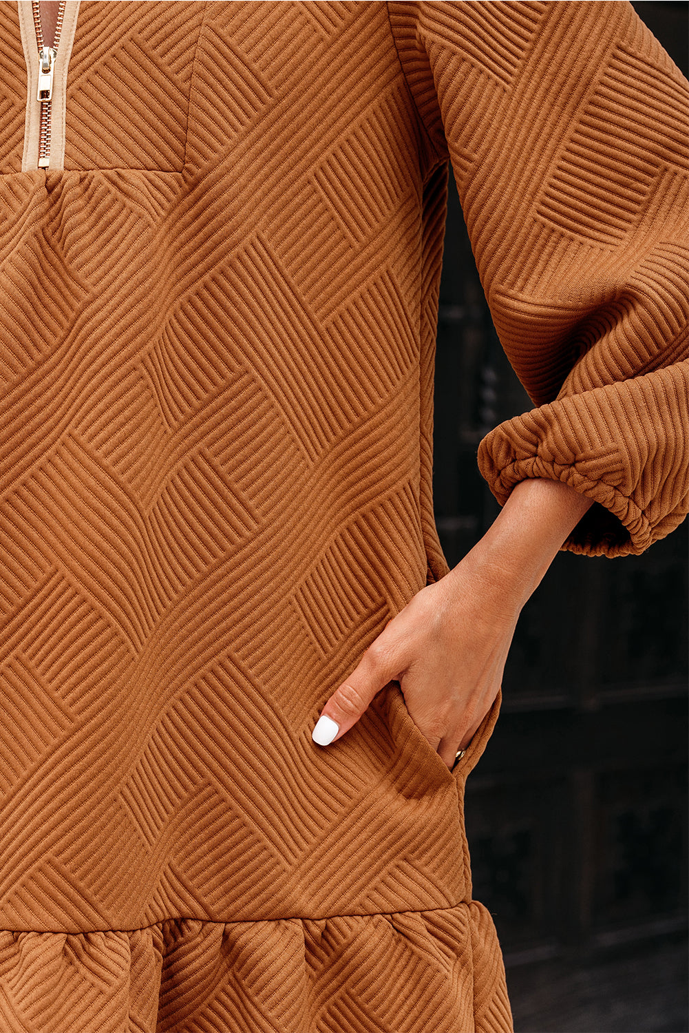 Desert Gold  Quarter Zip Collar Bracelet Sleeve Textured Mini Dress