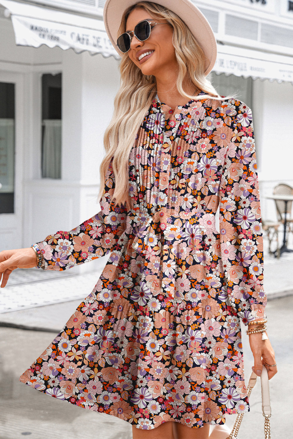 Multicolour Floral Print Long Sleeve Pleated Detail Bleted Mini Dress