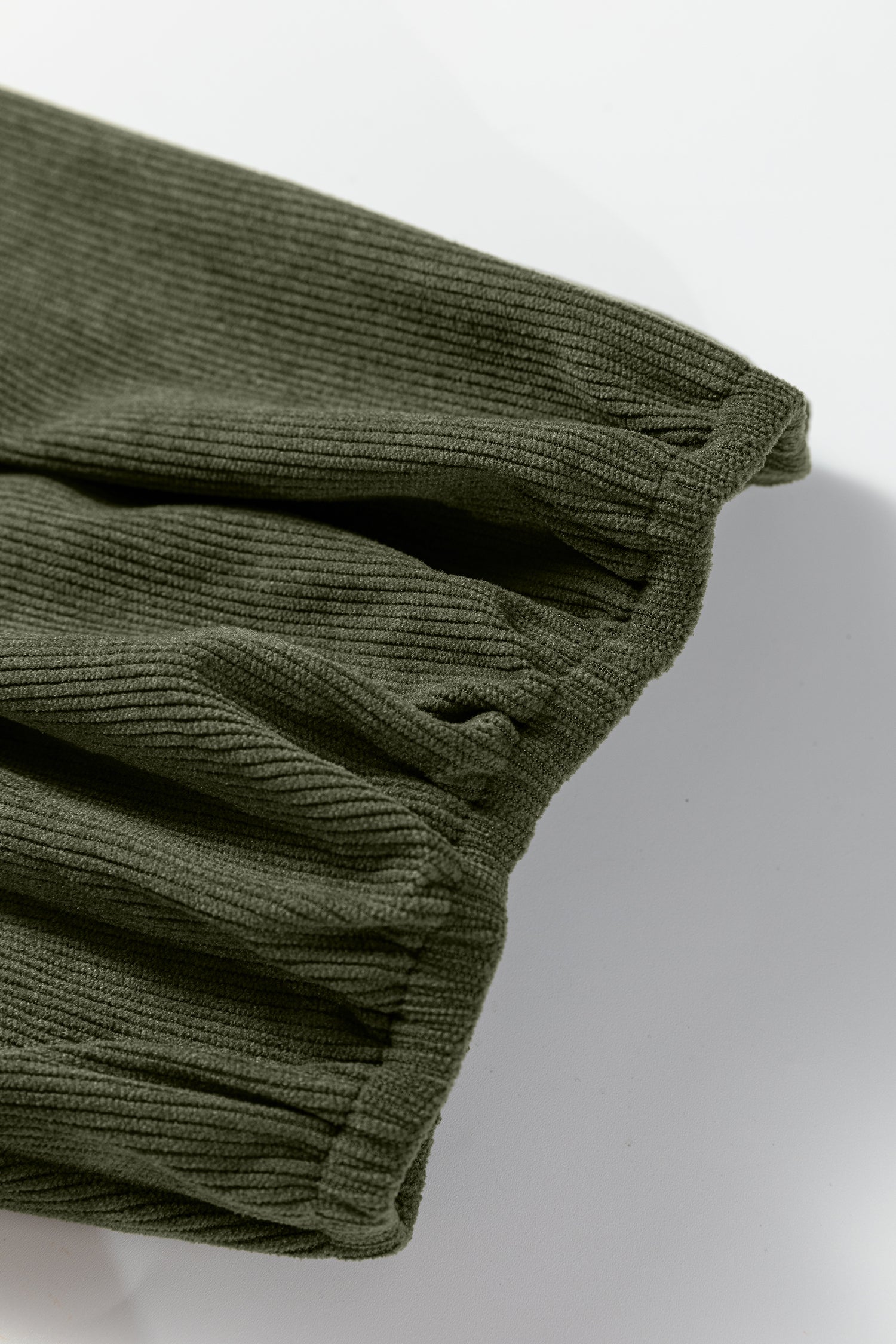 Moss Green Bracelet Sleeve Split Neck Scallop Detail Pleated Corduroy Mini Dress