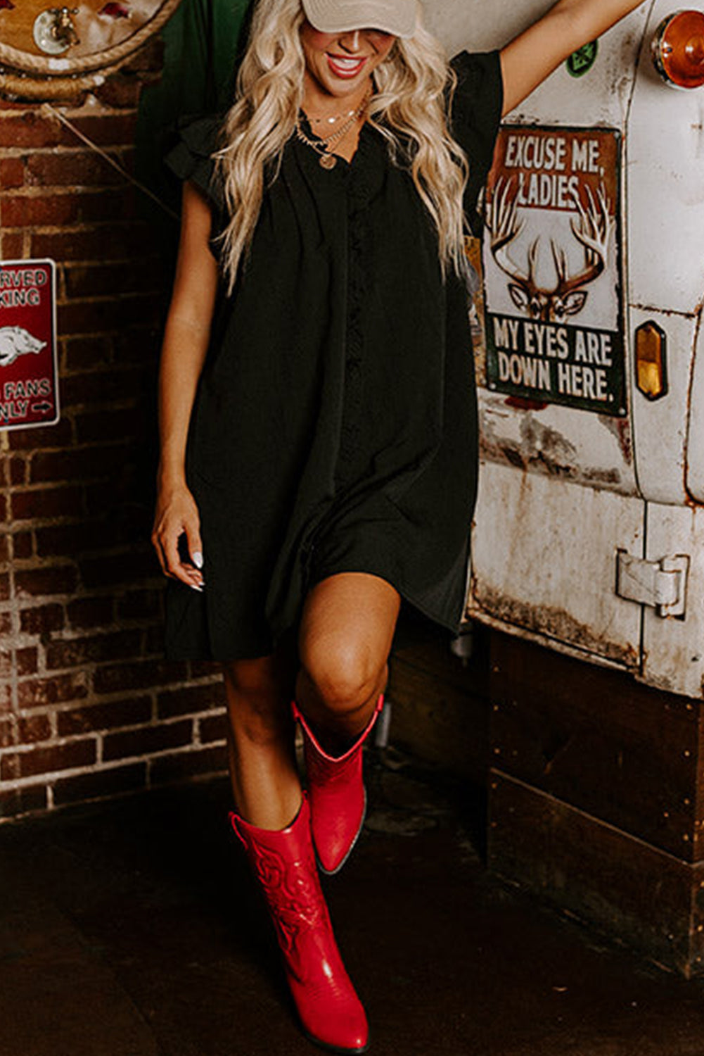 Black Frilled V Neck Pleated Ruffle Detail Short Shift Dress